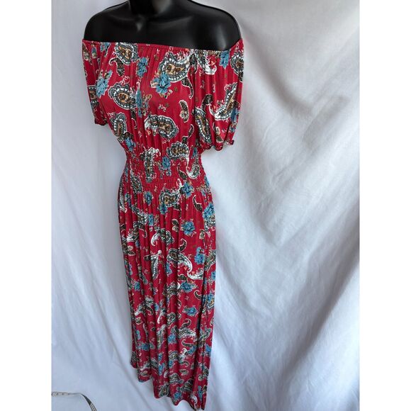 Long Red Paisley Maxi Off Shoulder Dress M/L Romantic Vacation Date Feminine - Picture 4 of 9